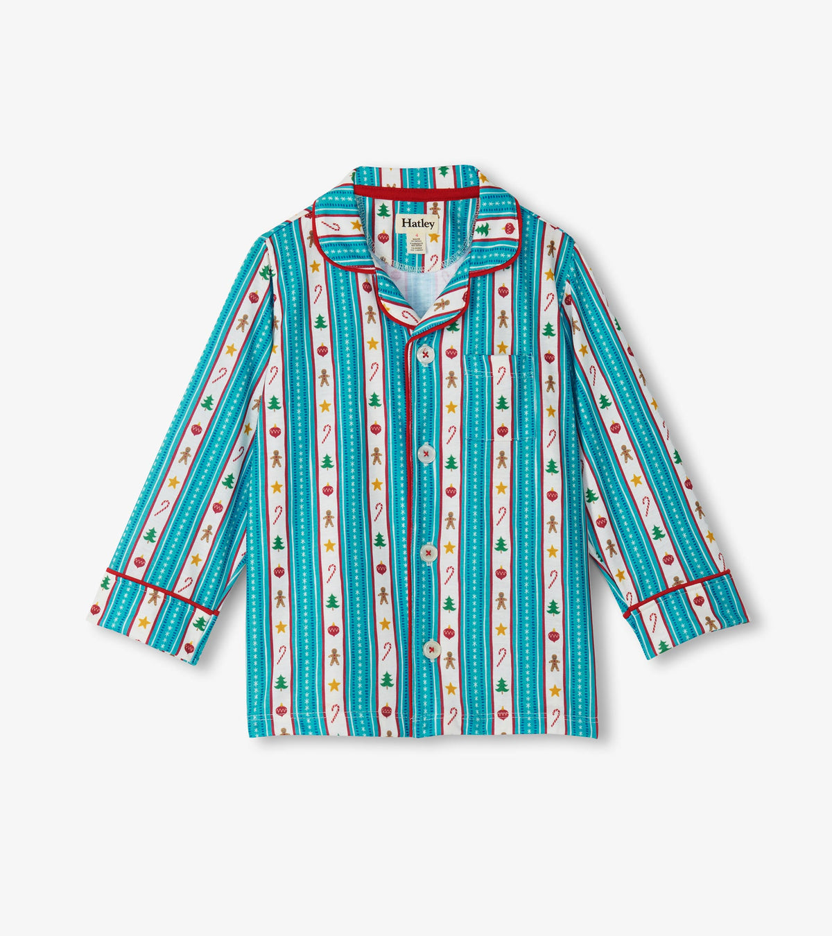 Kids pajama top with teal striped holiday print, red piping, chest pocket, and front buttons