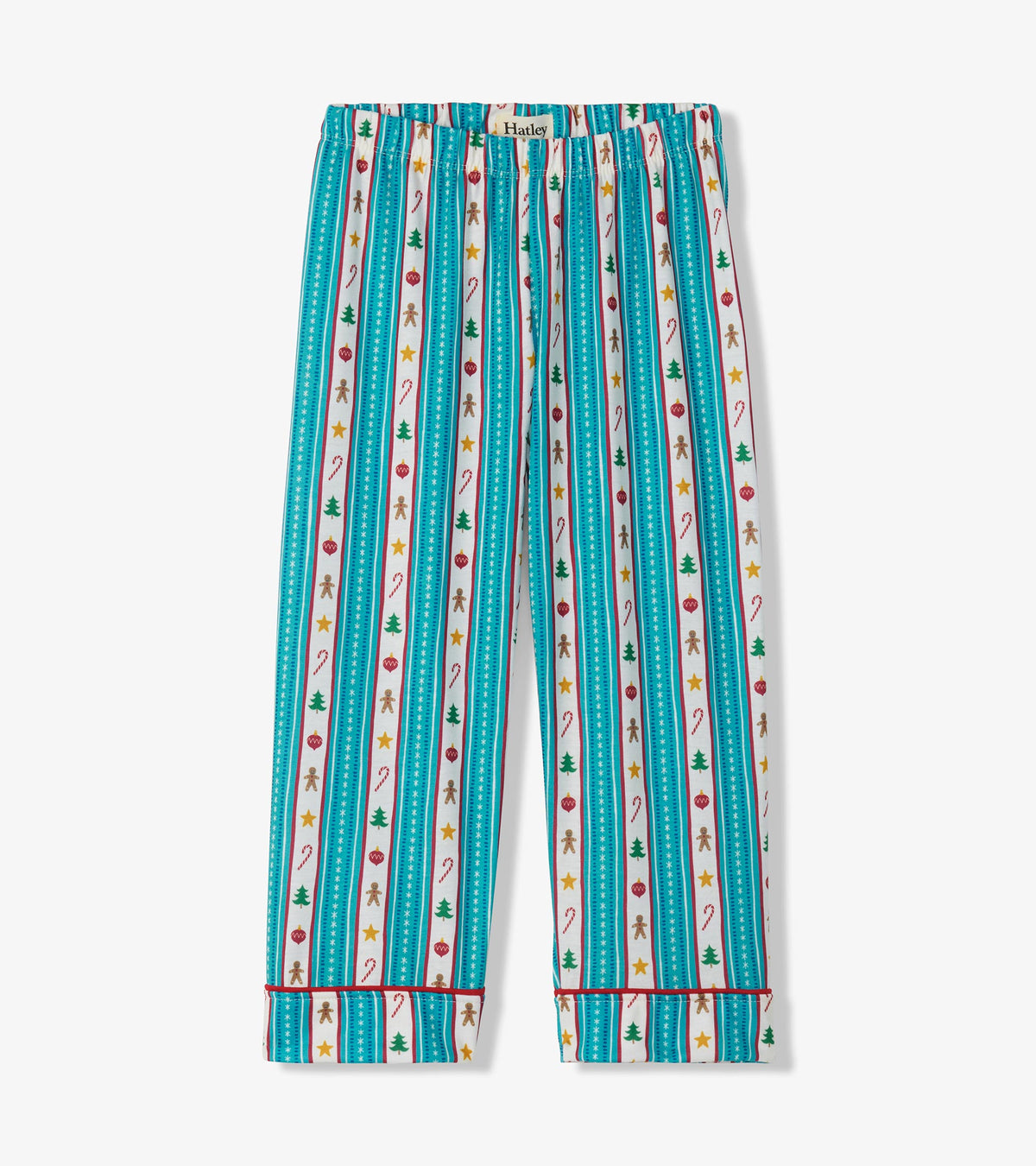 Kids pajama pants with teal striped holiday print and elastic waist