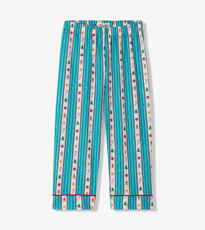 Kids pajama pants with teal striped holiday print and elastic waist