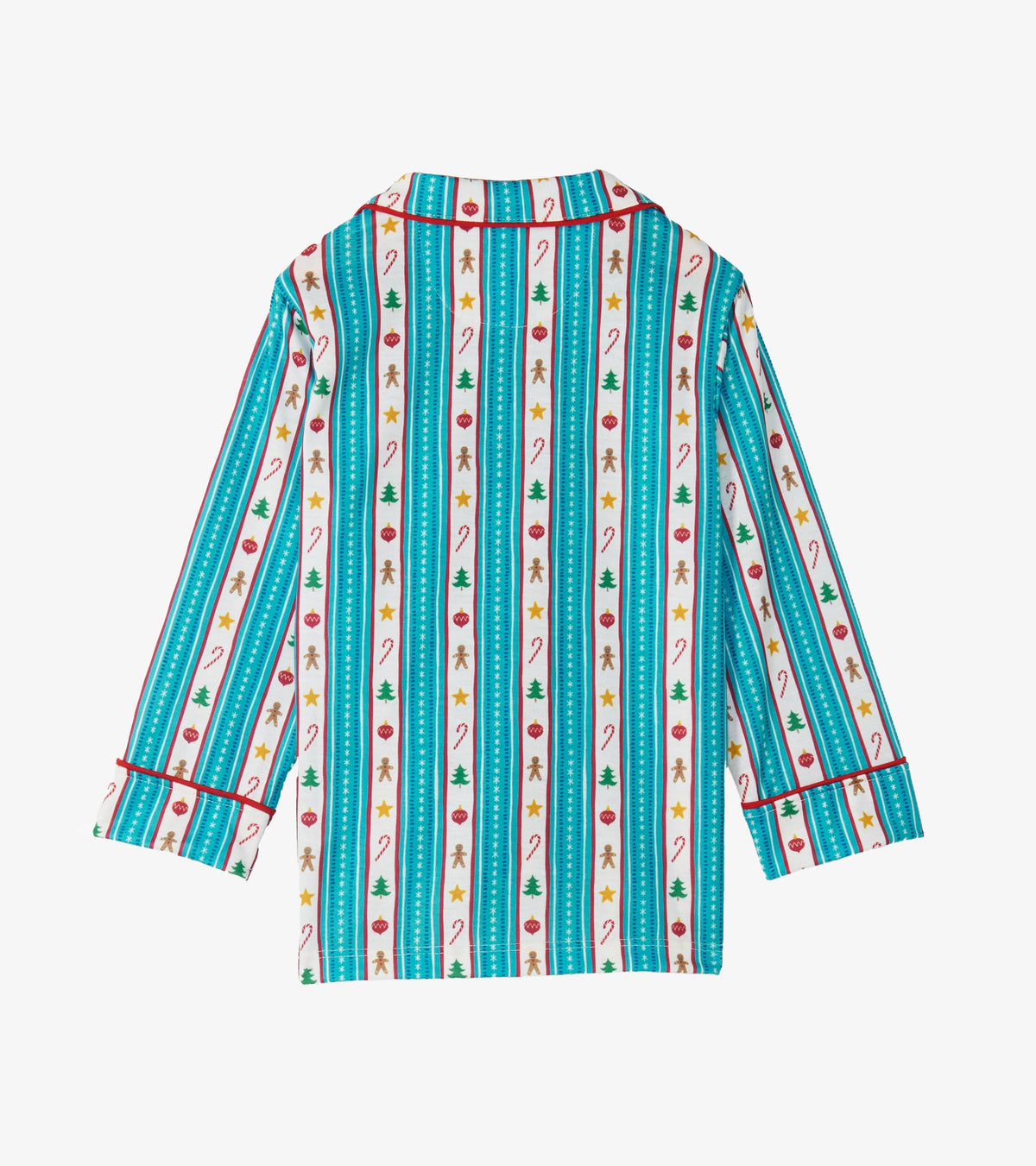Back of kids pajama top with teal striped holiday print and red piping across the collar