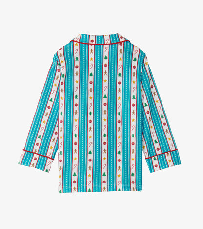 Back of kids pajama top with teal striped holiday print and red piping across the collar