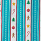View Kids Holiday Decorations Two Piece Pajama Set Turquoise and white vertical striped pattern with holiday icons including trees, stars, candy canes, and snowflakes