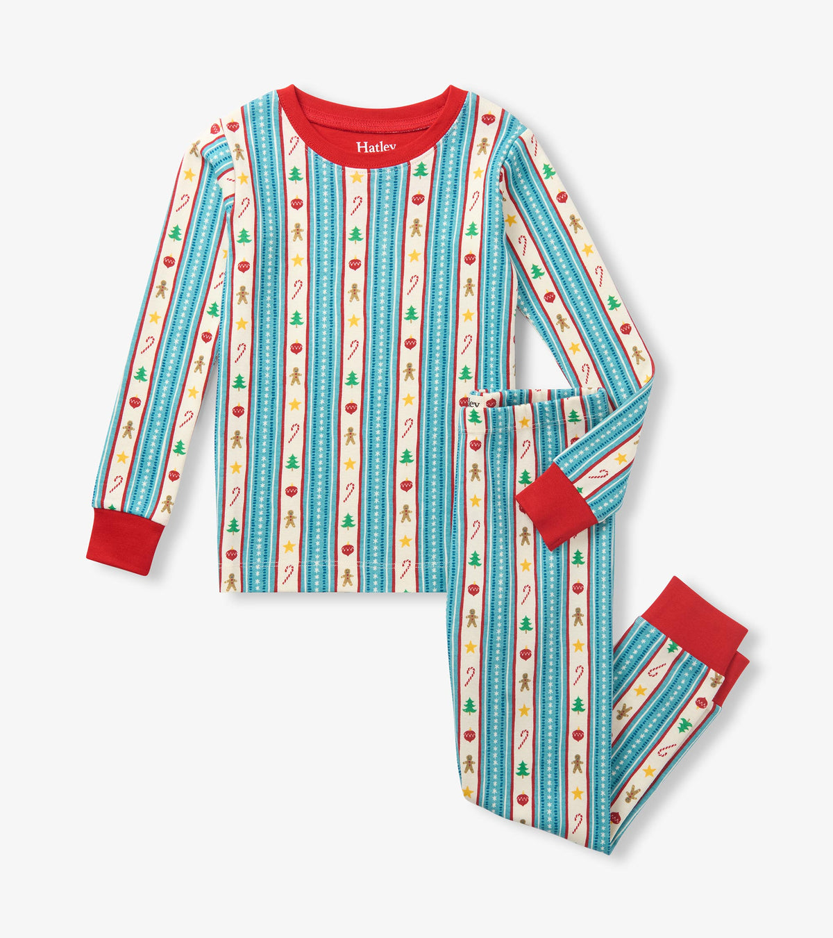 Kids holiday pajama set with striped print, red cuffs, and gingerbread, candy cane, tree, star, and ornament motifs