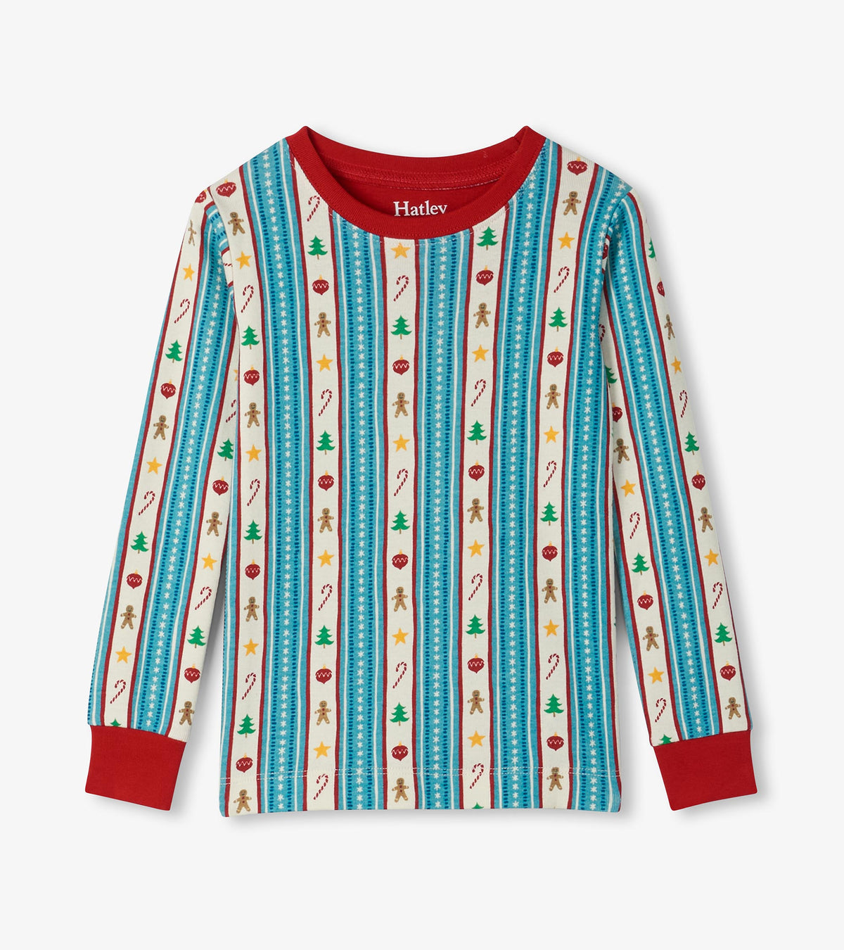 Kids pajama top with red collar and cuffs, blue striped holiday print with gingerbread men, trees, and candy canes