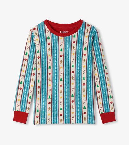 Kids pajama top with red collar and cuffs, blue striped holiday print with gingerbread men, trees, and candy canes