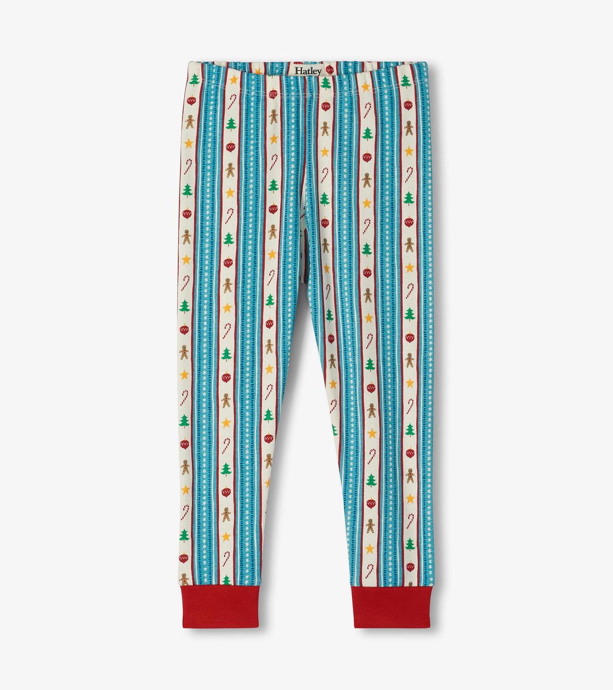 Kids pajama pants with red ankle cuffs and blue striped holiday print with gingerbread men, trees, and candy canes