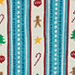 View Kids Holiday Decorations Cotton Pajama Set Cream striped swatch with colorful holiday motifs and teal zigzag trim