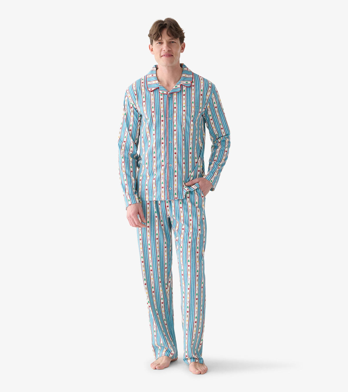 Men's two-piece pajama set with teal holiday stripe print, shown on model from front with one hand in pocket