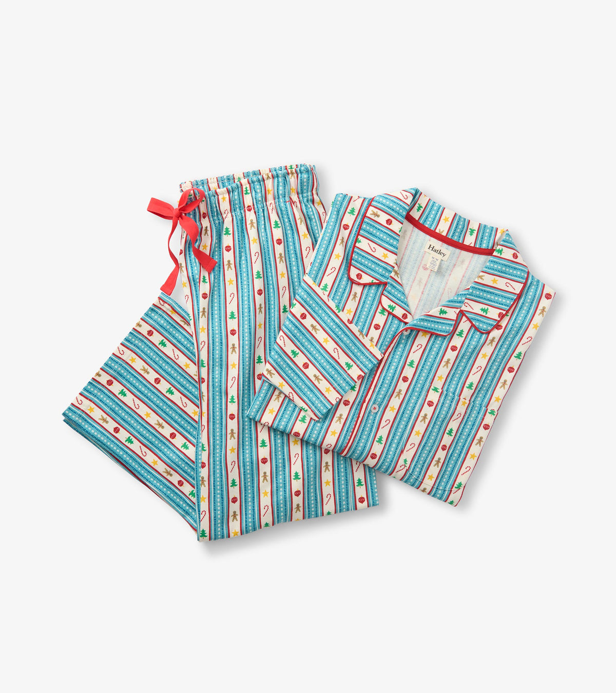 Folded pajama set with teal holiday stripe print and red waist tie, showing button-front shirt and pants