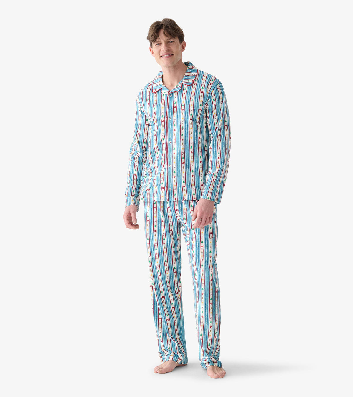 Men's holiday stripe pajama set shown on model from front, with button-front shirt and matching pants