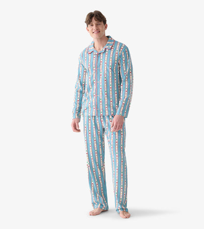 Men's holiday stripe pajama set shown on model from front, with button-front shirt and matching pants