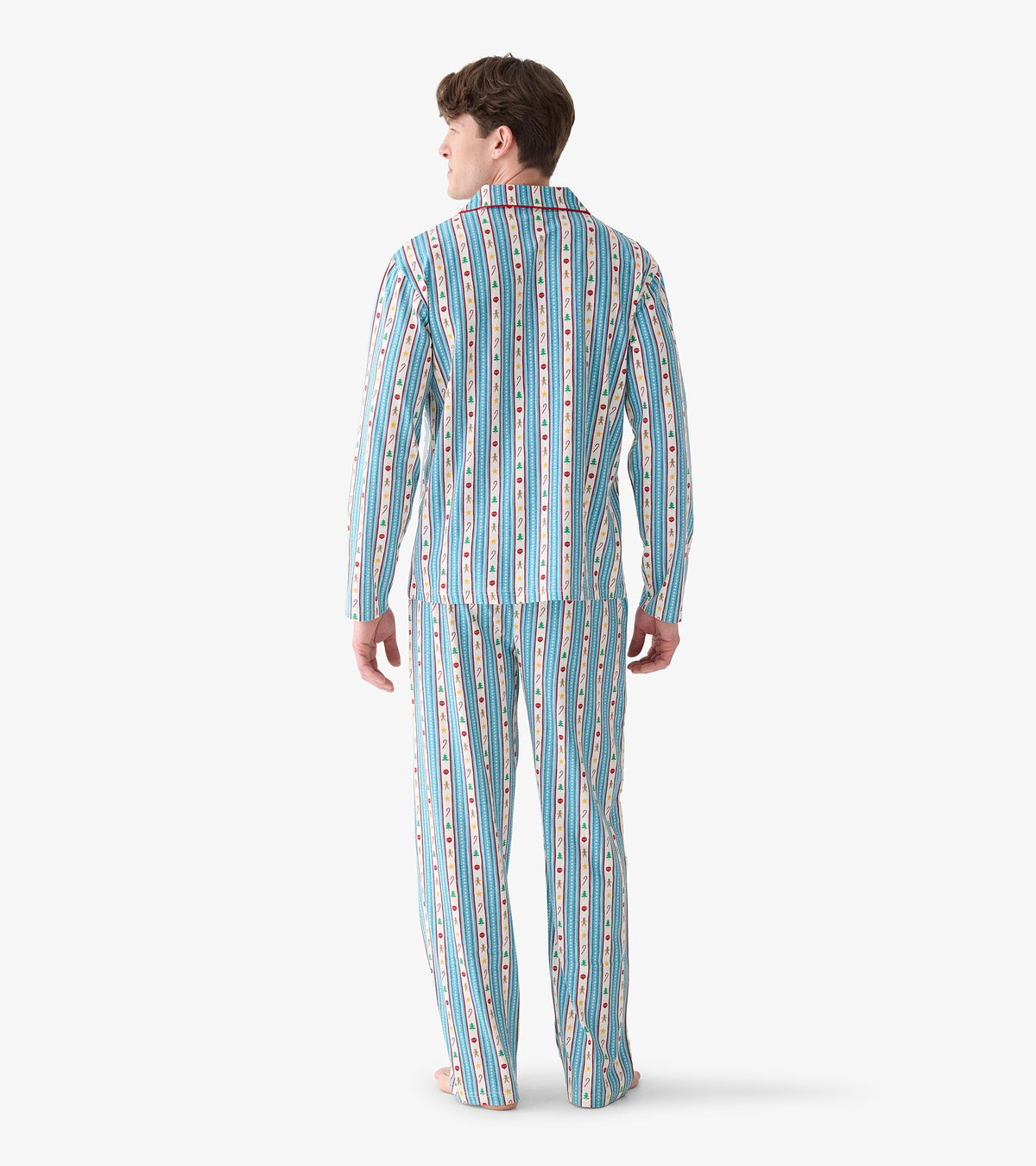 Back view of men's holiday stripe pajama set with matching long-sleeve top and full-length pants