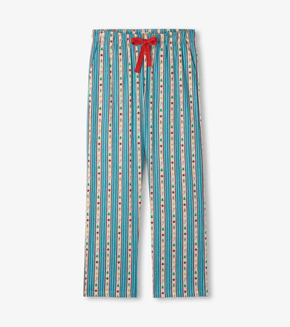 Men's pajama pants with teal holiday stripe print and red waist tie