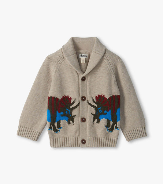 Beige shawl collar cardigan with brown buttons and blue and red dinosaur knit pattern