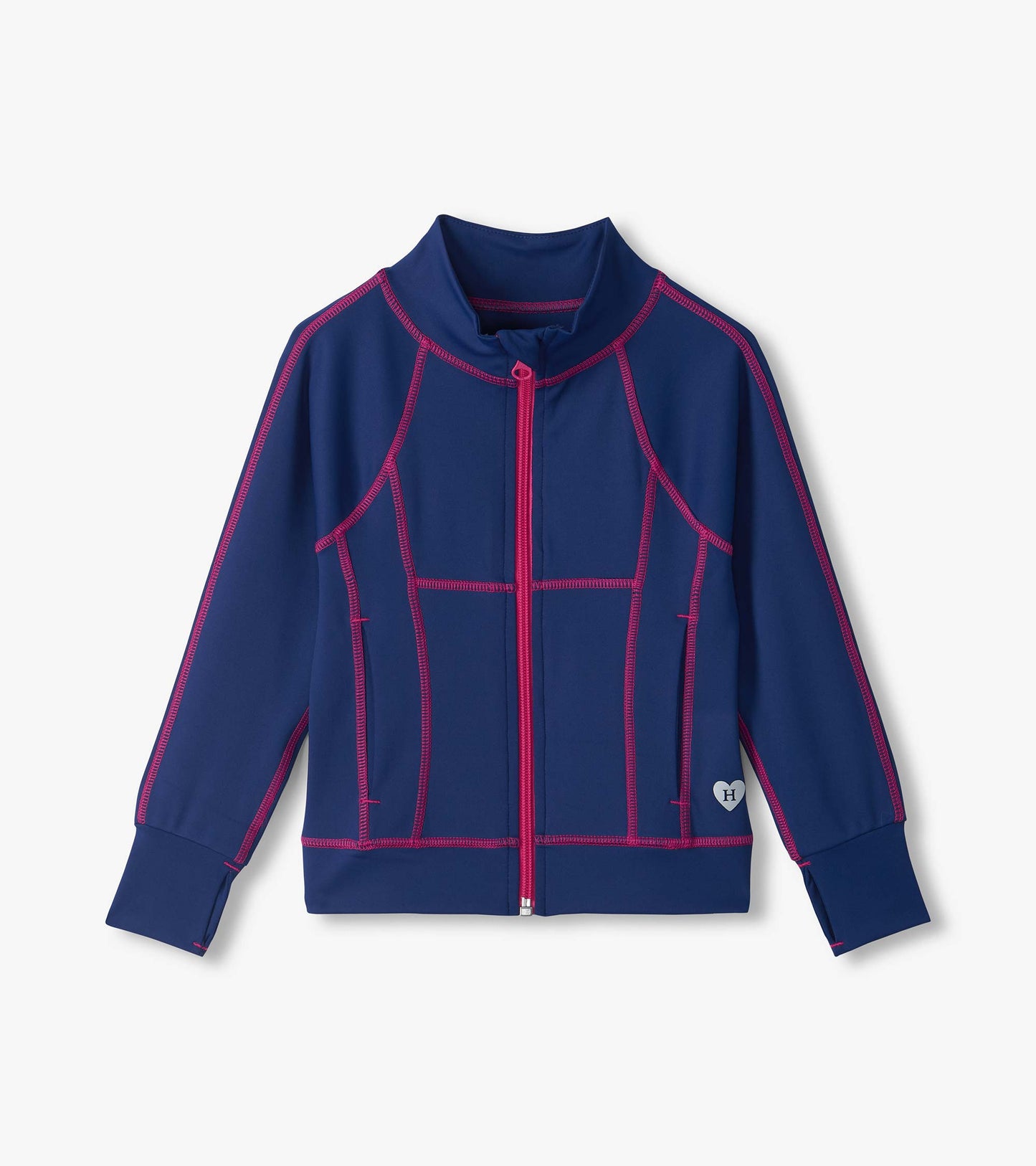 Estate Blue Active Jacket in navy with pink contrast stitching, front zip, stand collar, and long sleeves