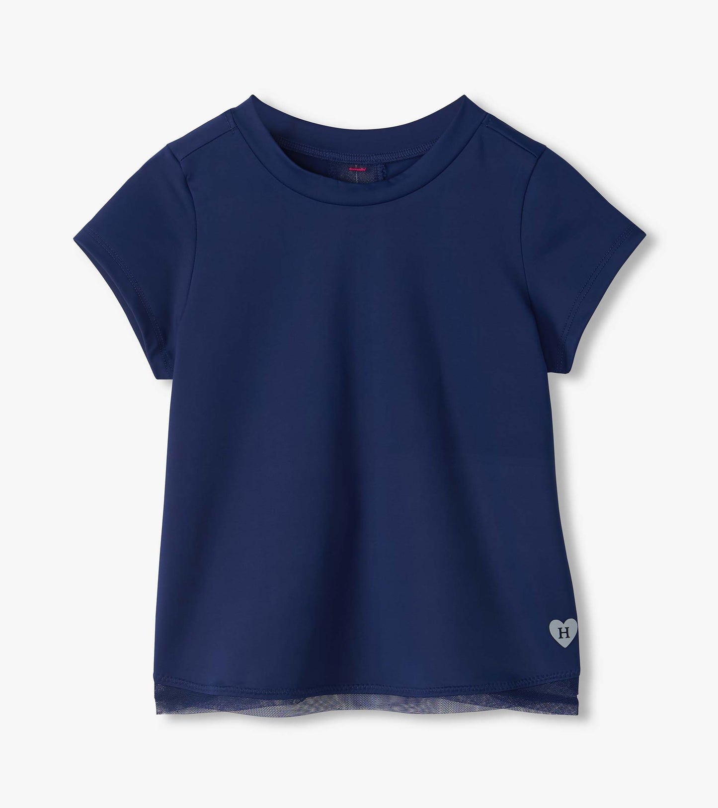 Front view of estate blue short sleeve tee with mesh hem trim and small heart logo near the lower side