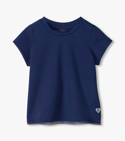 Front view of estate blue short sleeve tee with mesh hem trim and small heart logo near the lower side
