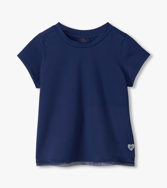 Front view of estate blue short sleeve tee with mesh hem trim and small heart logo near the lower side