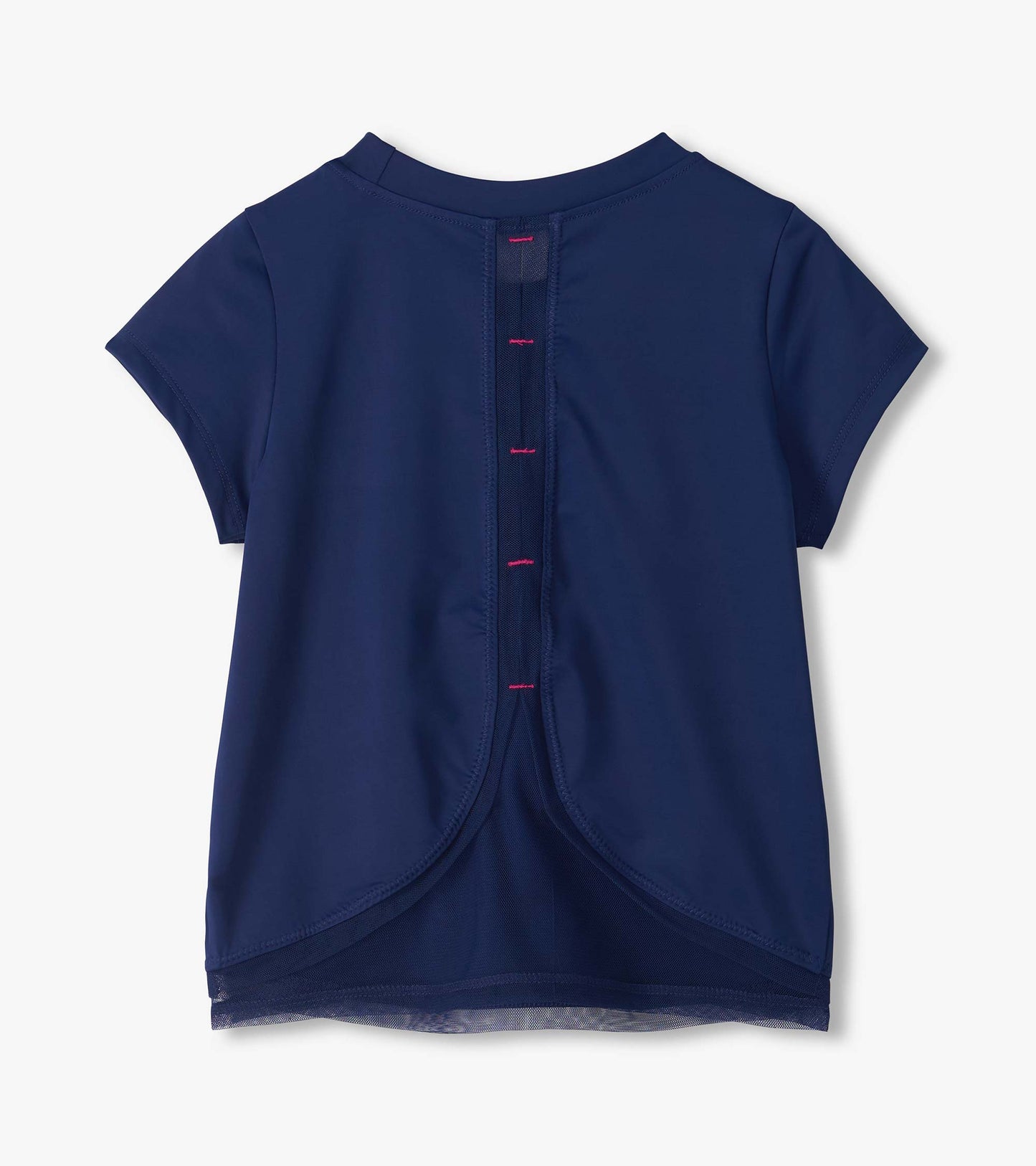 Back view of estate blue short sleeve tee with center mesh panel, pink stitch accents, and mesh hem trim