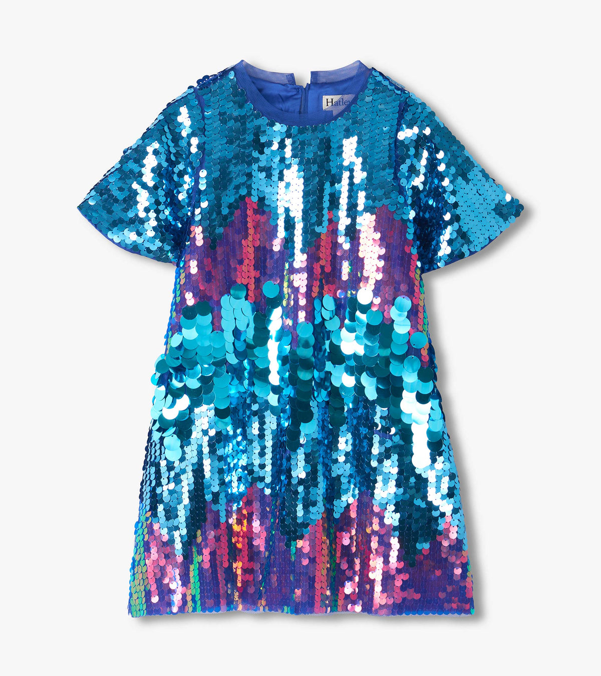 Front view of girls sequin dress with flutter sleeves and blue, purple, and pink color-shifting sequins