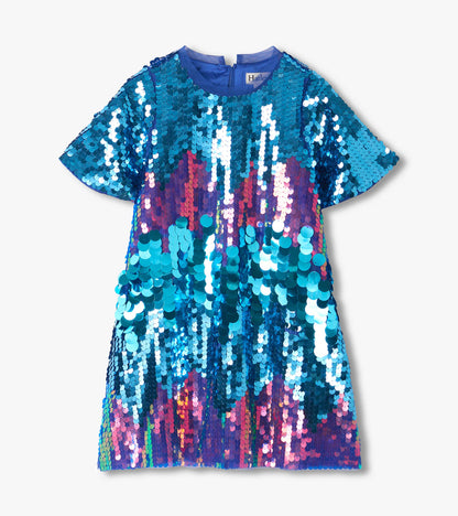 Front view of girls sequin dress with flutter sleeves and blue, purple, and pink color-shifting sequins