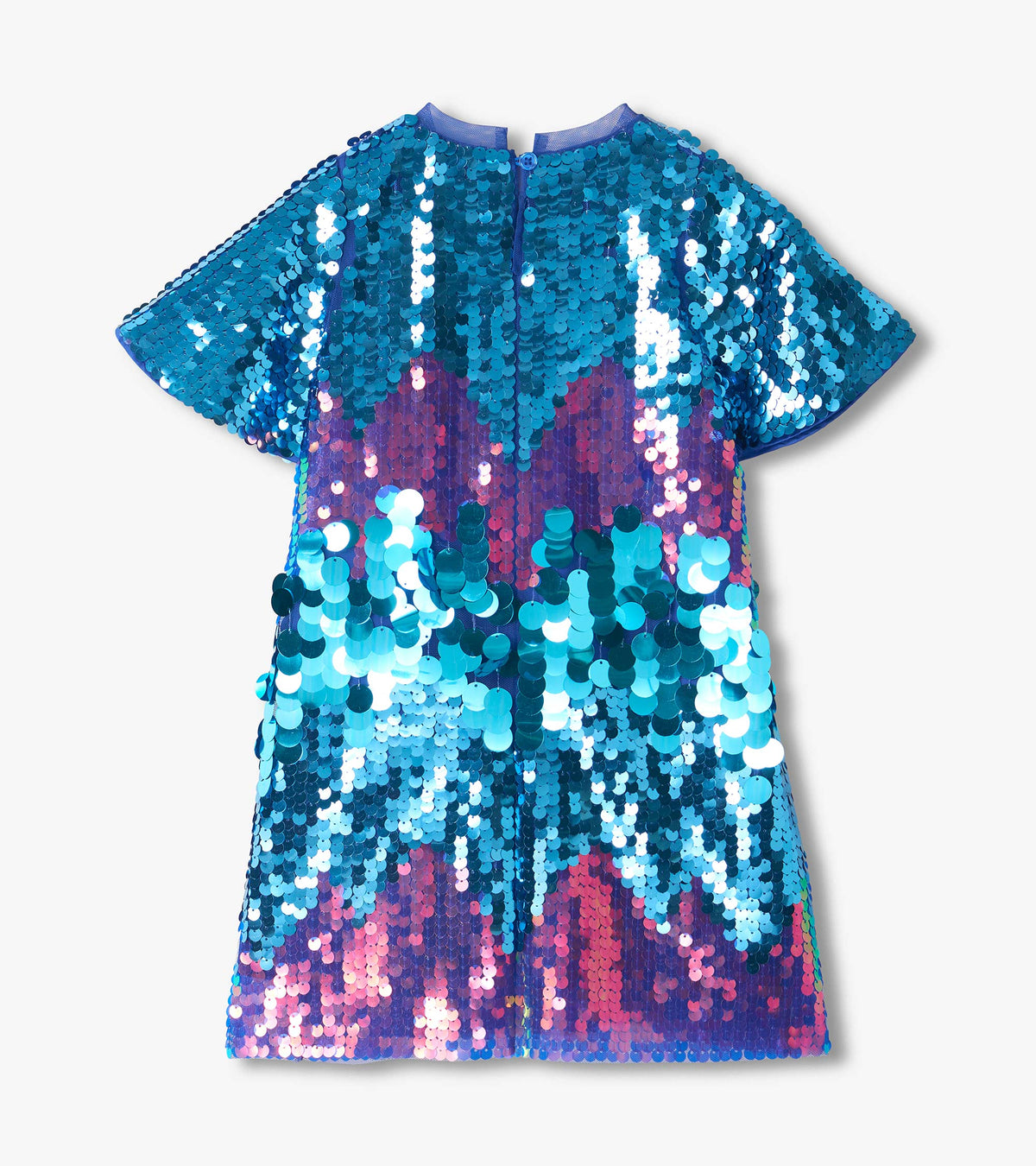 Back view of girls sequin dress with flutter sleeves and blue, purple, and pink color-shifting sequins