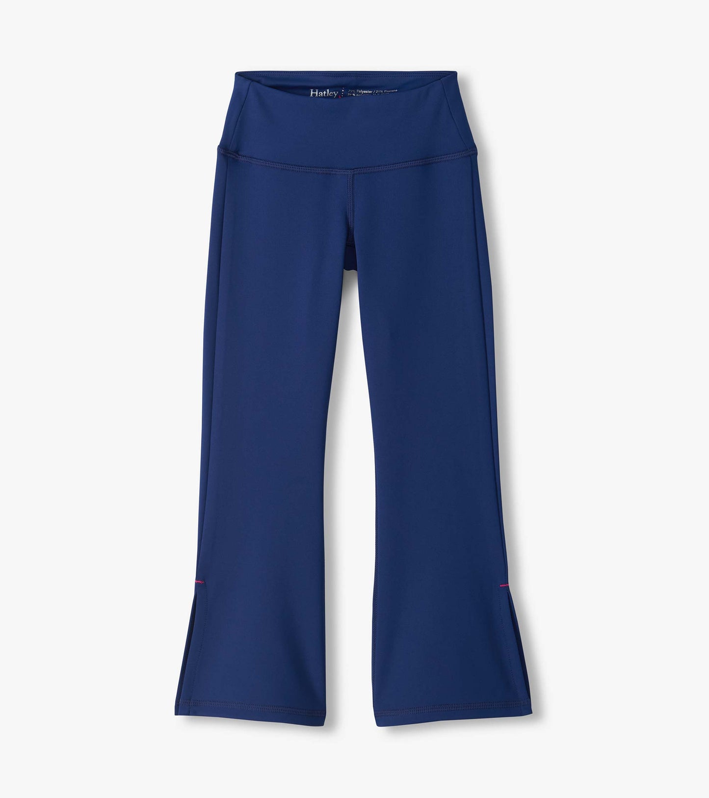 Blue active flared pants with a wide waistband, front seams, and subtle pink stitching near the hems
