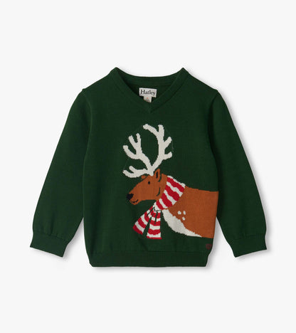 Forest green boys V-neck sweater with a reindeer wearing a red and white striped scarf on the front