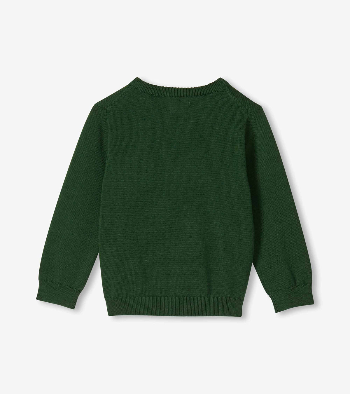 Back view of a forest green boys V-neck sweater with long sleeves and ribbed hem and cuffs