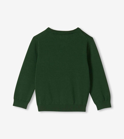 Back view of a forest green boys V-neck sweater with long sleeves and ribbed hem and cuffs