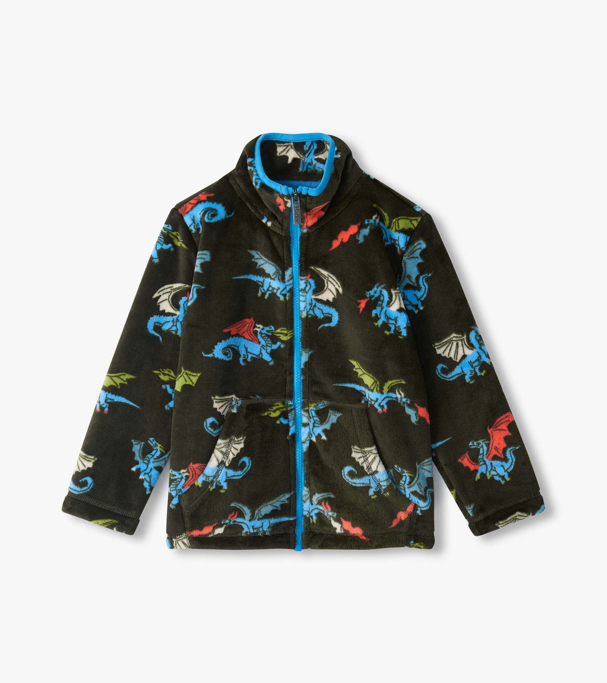 Kids black zip-up fleece jacket with blue trim and allover colorful fire-breathing dragon print