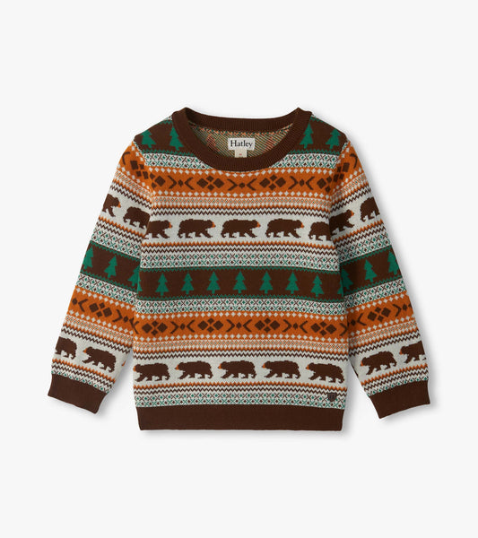 Kids crew neck sweater with brown bear and green tree pattern in brown, cream, orange, and green