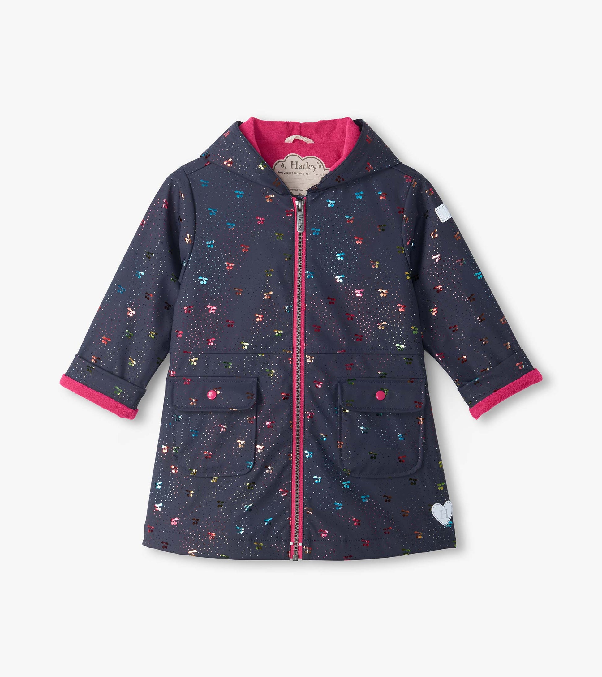 Front view of navy hooded rain coat with rainbow foil cherry print, pink lining, zipper, and two flap pockets