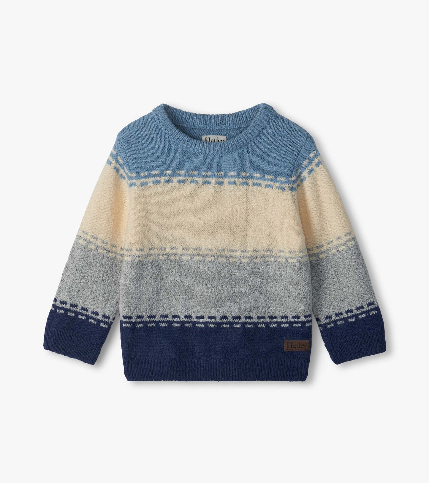 Infant crew neck sweater with blue, cream and gray colorblock stripes and patterned bands