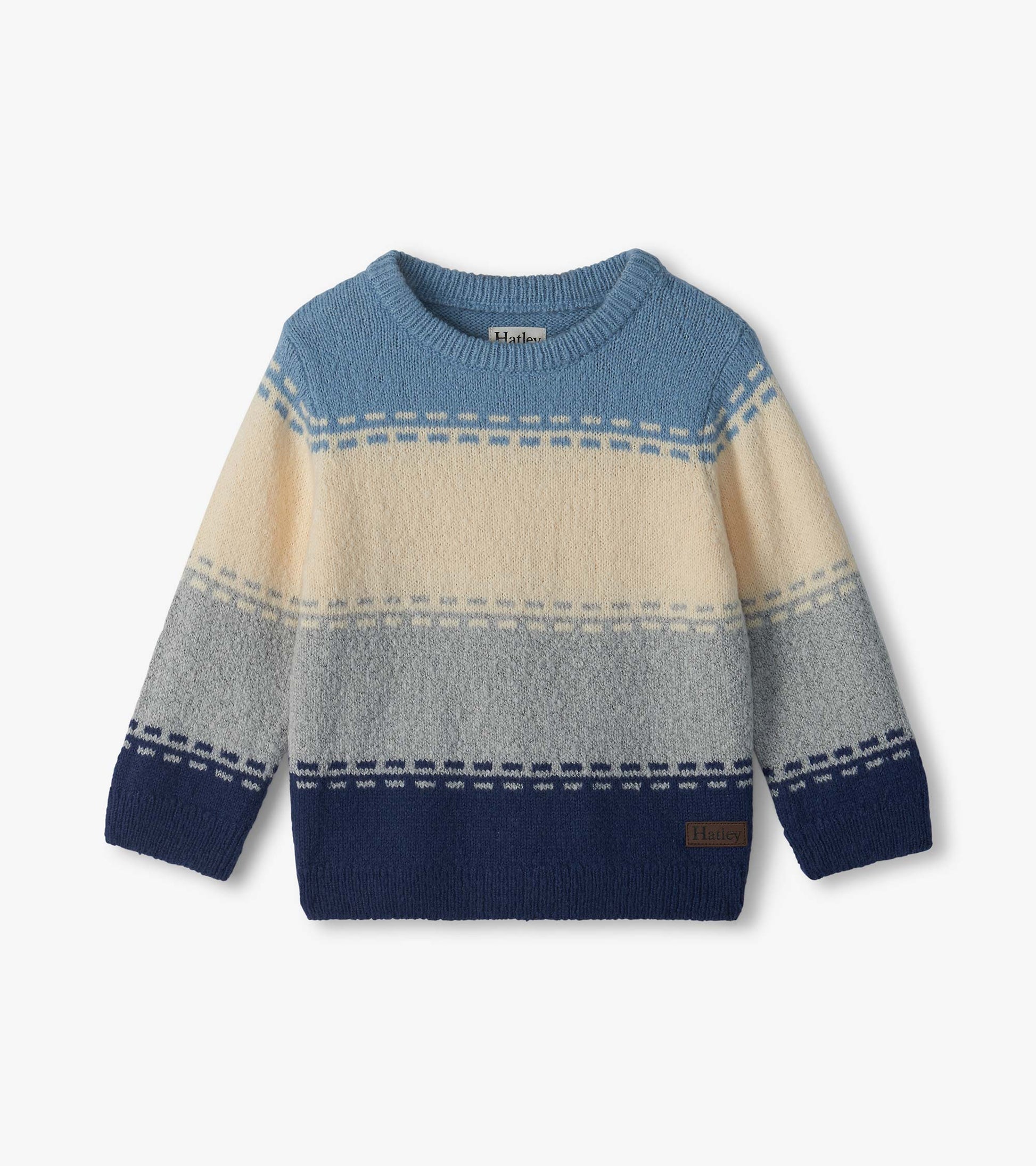 Infant crew neck sweater with blue, cream and gray colorblock stripes and patterned bands
