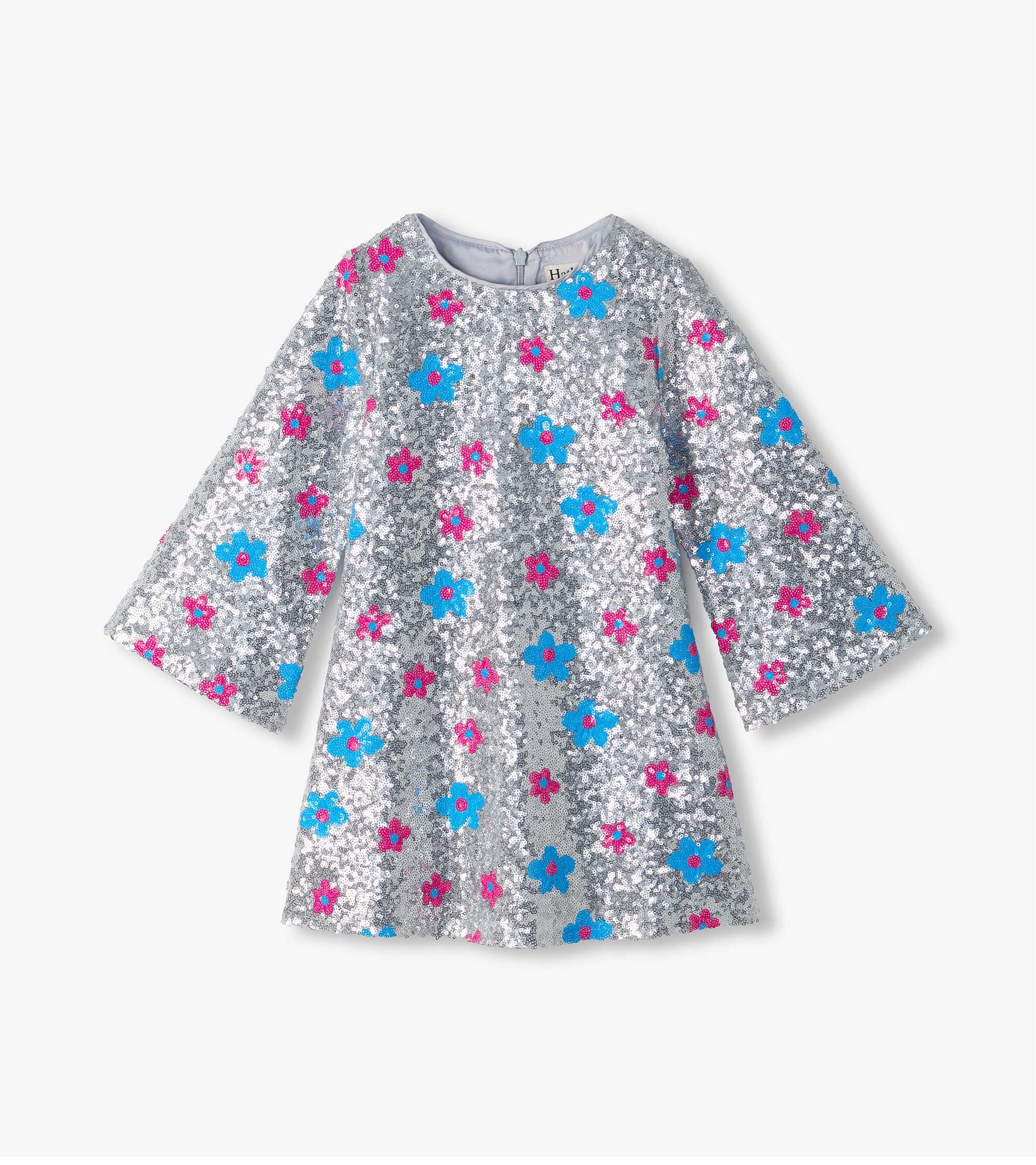 Silver sequin dress with blue and pink flower dots, long bell sleeves, and a back zipper
