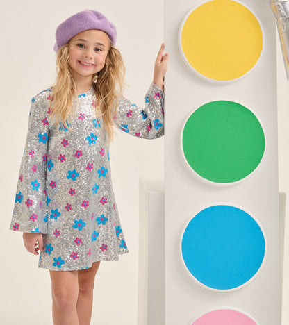 Girls Flower Dots Sequin Dress