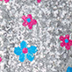 View Girls Flower Dots Sequin Dress Silver sequin texture with pink and blue flower shapes
