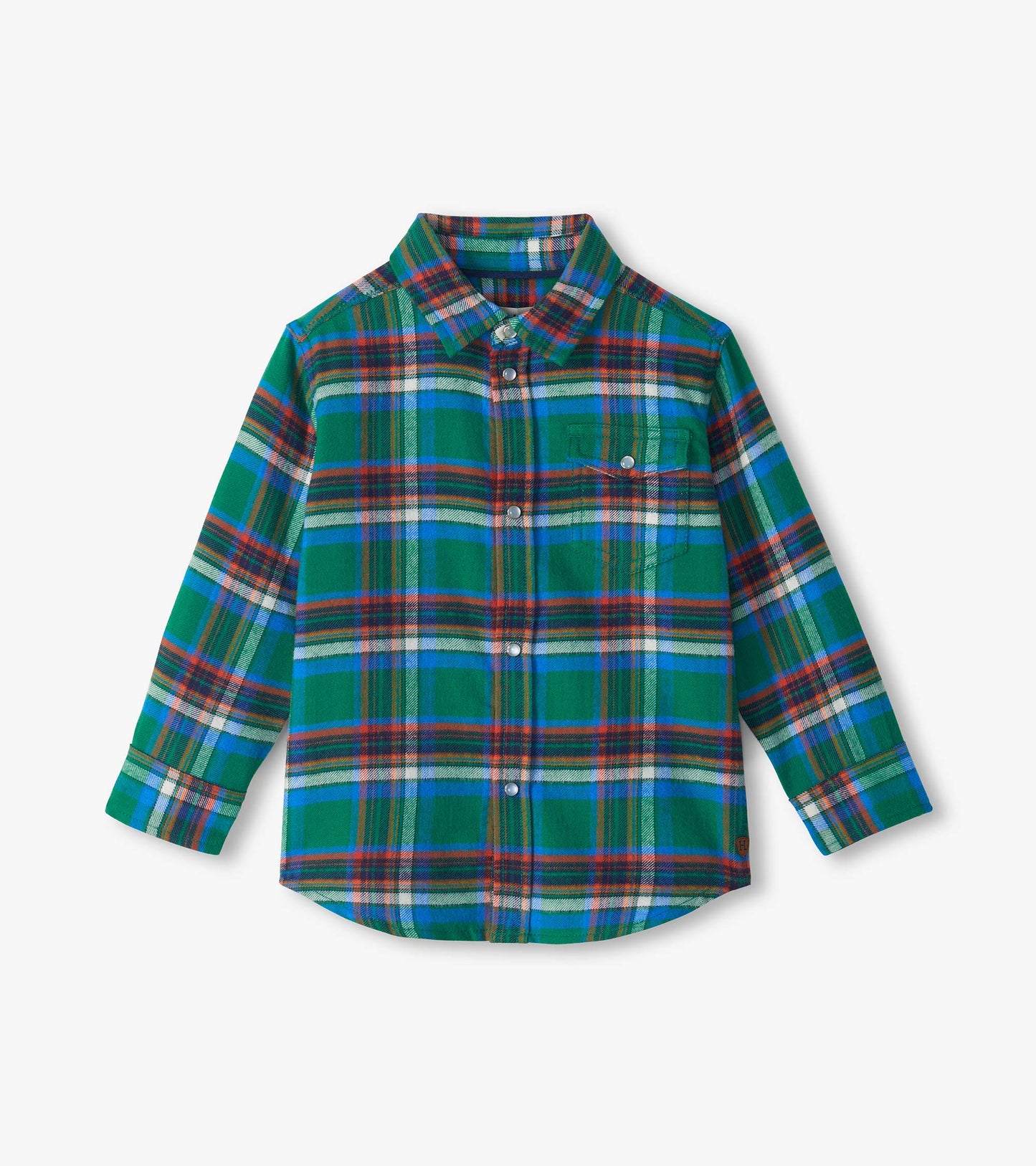 Kids long sleeve button-down shirt in green, blue, red, and white plaid with chest pocket