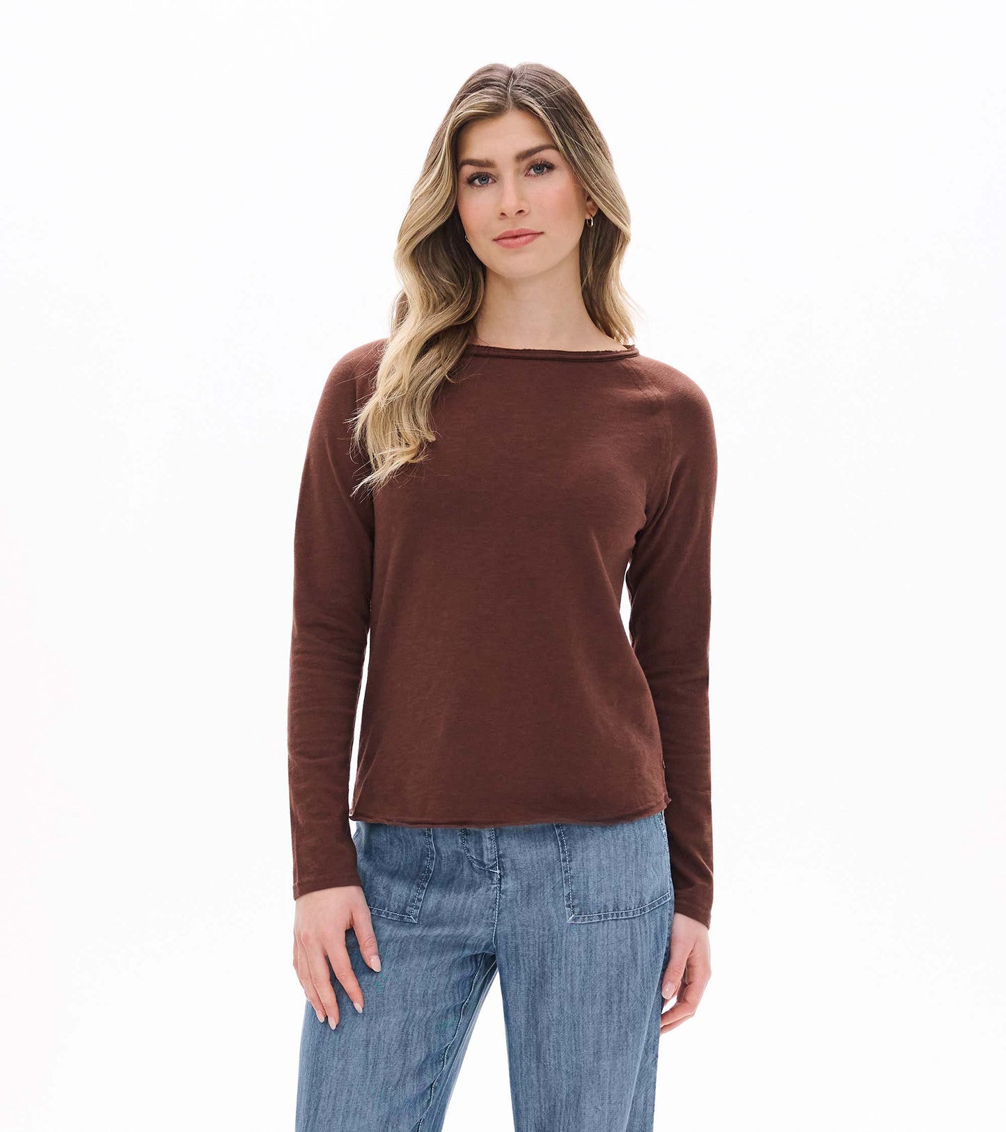 Front view of fondue fudge brown raglan sleeve tee with long sleeves and a wide neckline