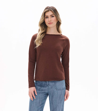 Front view of fondue fudge brown raglan sleeve tee with long sleeves and a wide neckline
