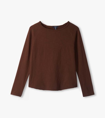 Flat lay of fondue fudge brown raglan sleeve tee with long sleeves and wide neckline
