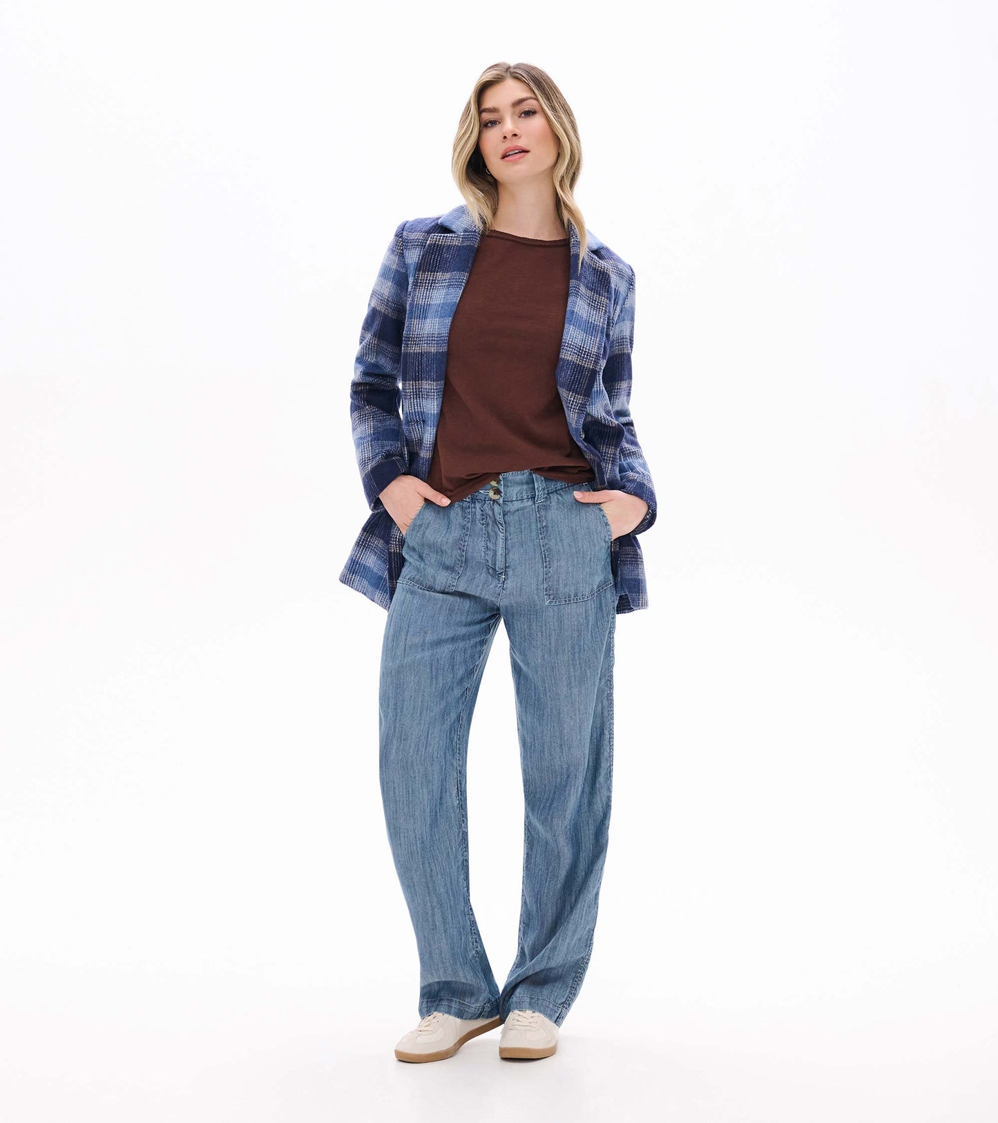 Fondue fudge brown raglan sleeve tee layered under a blue plaid jacket, full-body front view