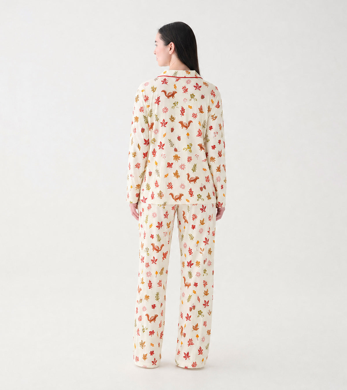 Back view of cream fall-print pajama set with long-sleeve top and straight wide-leg pants