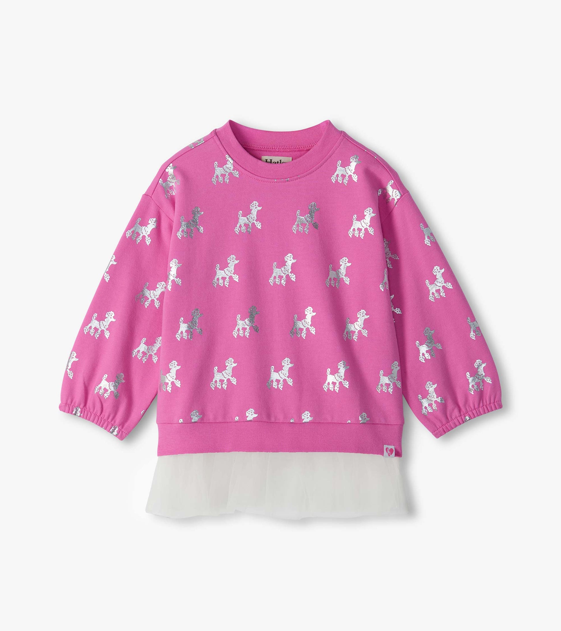 Pink long sleeve top with silver poodle print and attached white tulle skirt