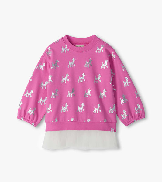 Pink long sleeve top with silver poodle print and attached white tulle skirt