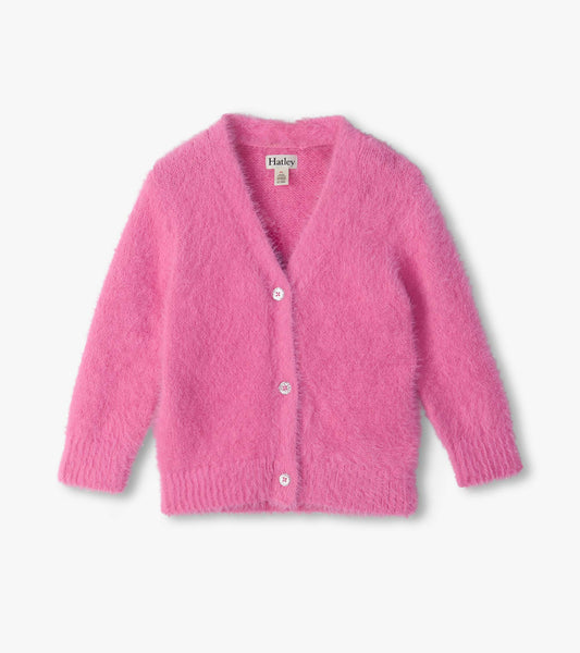 Front view of bright pink fuzzy cardigan with V-neck, long sleeves, ribbed trim, and button front