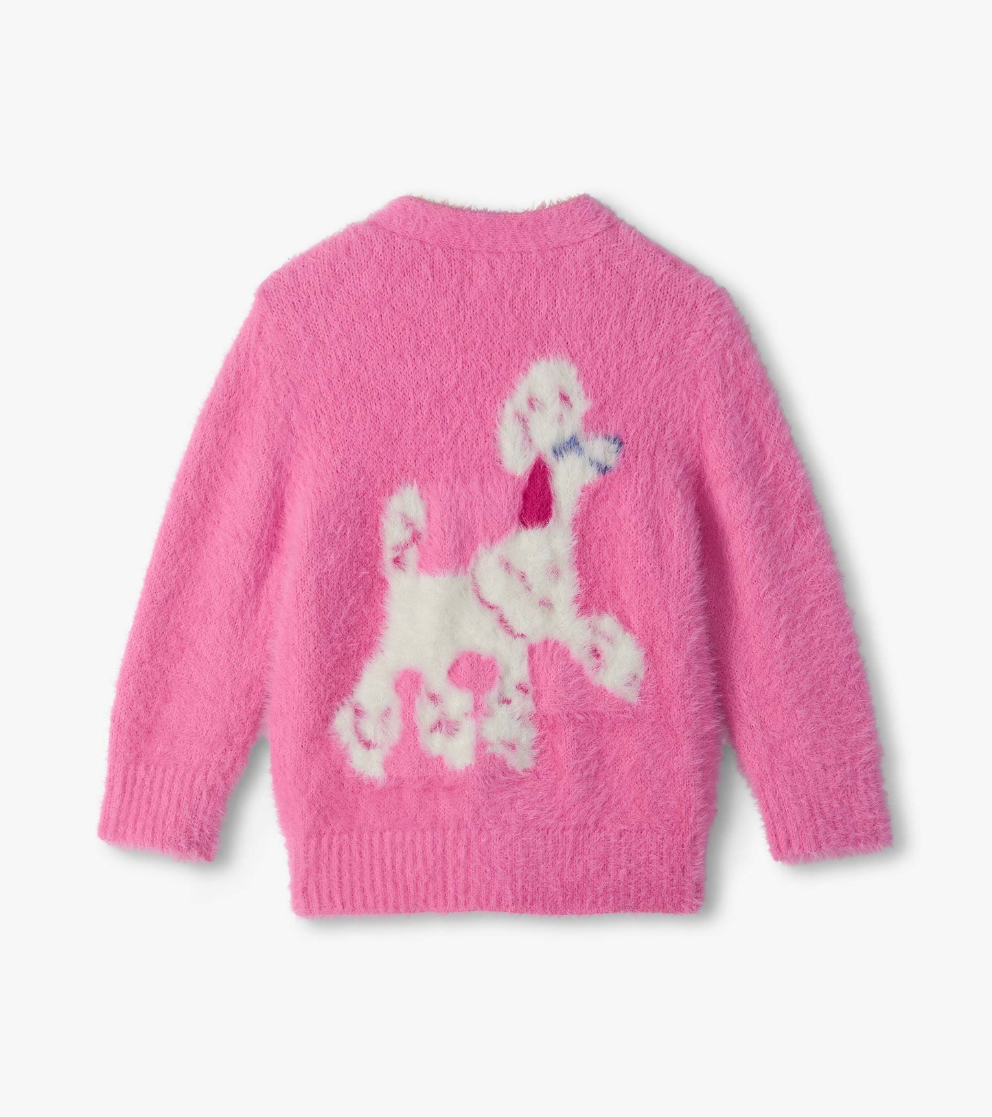 Back view of bright pink fuzzy cardigan with large white poodle graphic and ribbed hem and cuffs