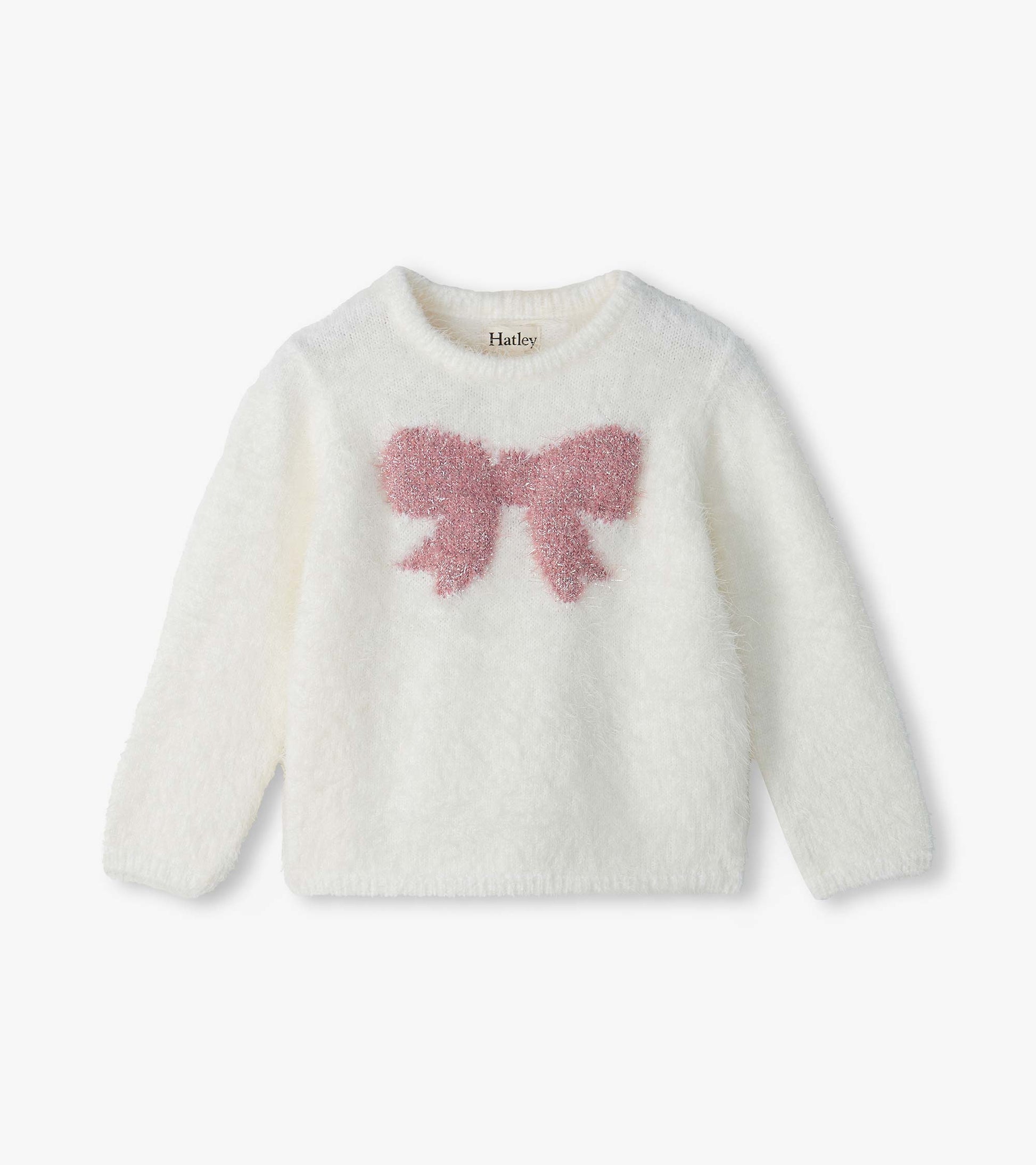 Infant fuzzy white sweater with long sleeves and a pink bow on the front