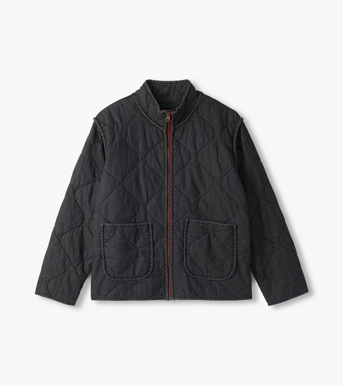 Women's black quilted jacket front view with stand collar, burgundy zip, and two patch pockets